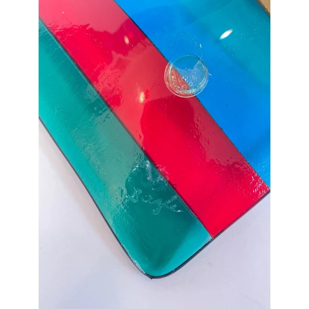 Artisan Signed Fused Glass Striped Tray Rainbow Rectangular‎ Decorative Dish